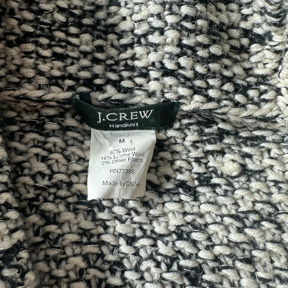 Women’s J Crew Zip Front Black And White Wool Hand Knit Sweater Size Medium